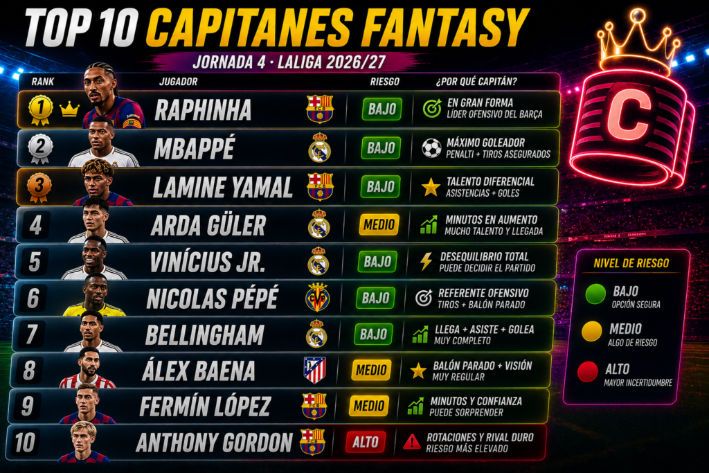 Top 10 capitanes fantasy jornada 4